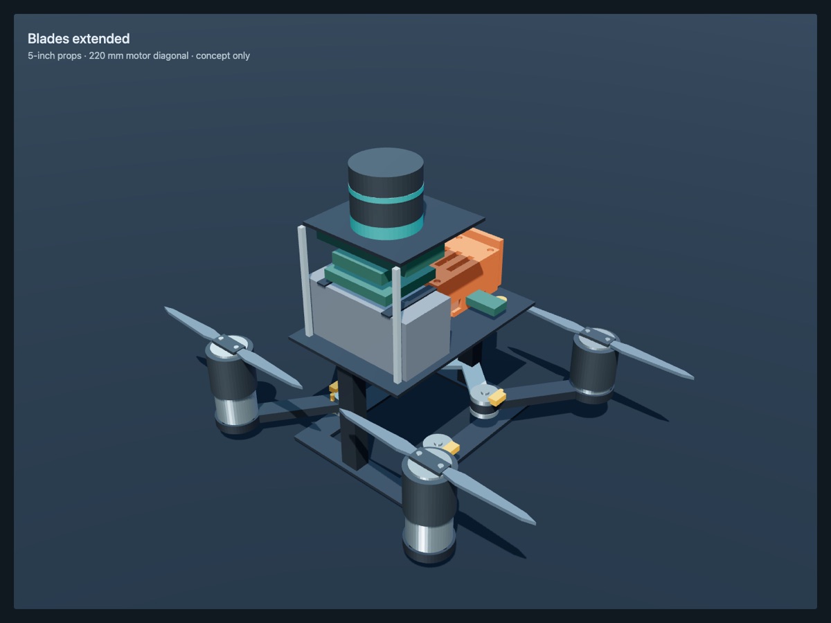 3D concept render of a small quadcopter carrying a 360-degree lidar on a mast